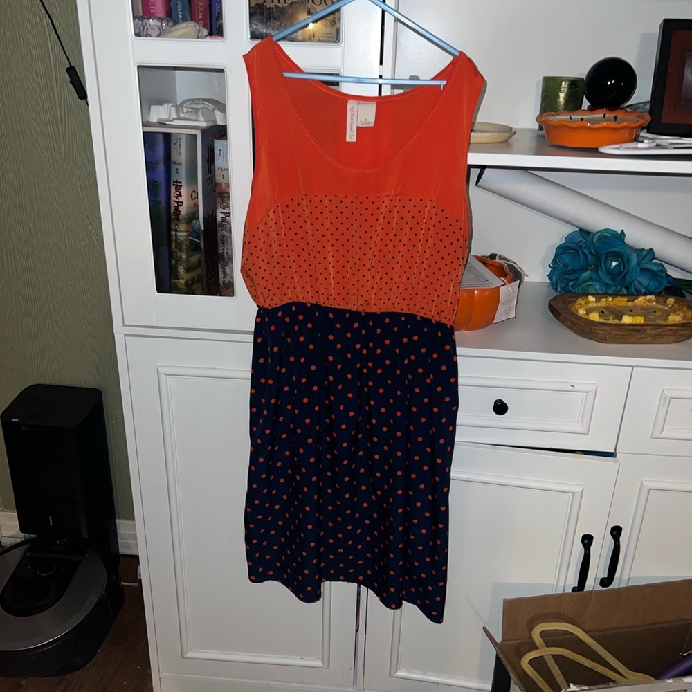 🔴Red Camel Vibrant Orange and Deep Blue Polka Dot Midi Dress (Juniors)